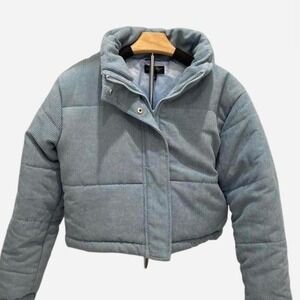 Say What? Puffer Jacket Womens Large Blue Excellent Corduroy Cropped Quilted Zip